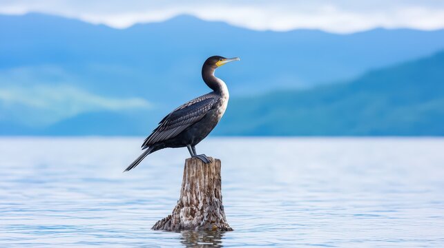 A single cormorant stands alert on an old wooden stum
