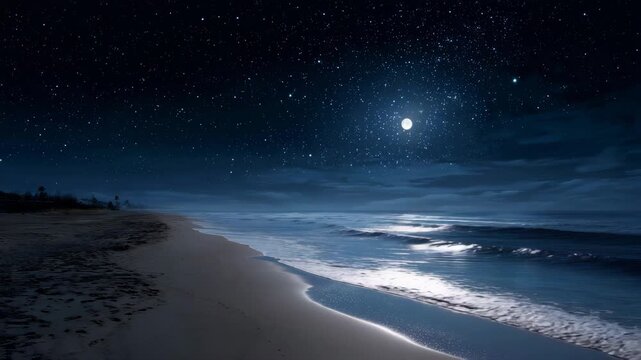 Night sky over calm beach with moonlight reflections on waves