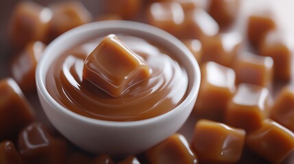 A close up shot of caramel candies and a small bowl of caramel sauce on a blurred background