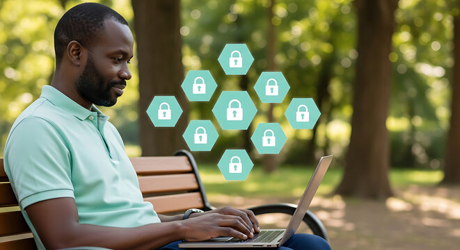 African american man working on a laptop in a park with digital security icons floating around him representing online safety and data protection