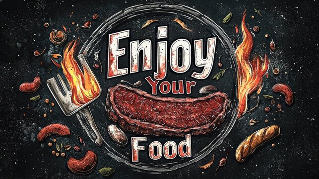 Bold round badge design with BBQ elements like briske