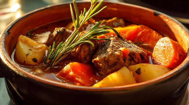 Rustic Lamb Navarin Stew with Vegetables in a Traditional Bowl on a Table Setting
