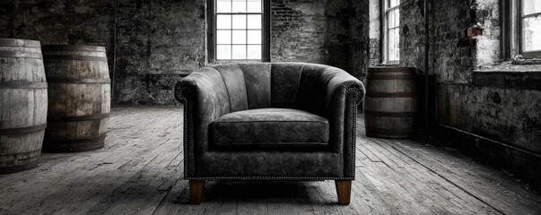 Fototapeta premium Armchair barrel with iron frame concept. A vintage chair in a rustic setting with wooden barrels.