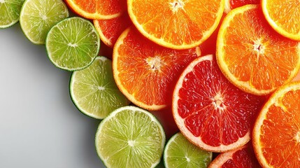 Fototapeta premium Citrus mosaic of fruit slice concept. Vibrant citrus slices showcasing oranges, limes, and grapefruits.