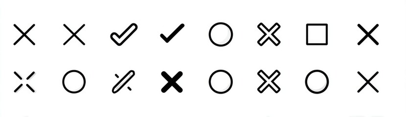 Simple black and white graphic symbols.  Various shapes like checkmarks, crosses, circles, and squares.  Two rows of simple graphic icons.  Line art