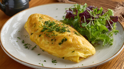 Fluffy Golden Omelette with Fines Herbes and Fresh Greens on a Rustic Plate