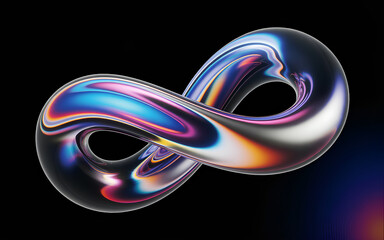 A 3D rendered infinity symbol with a metallic, iridescent surface that displays a spectrum of colors. The infinity symbol has a smooth, flowing design with curved edges that create a seamless loop. 