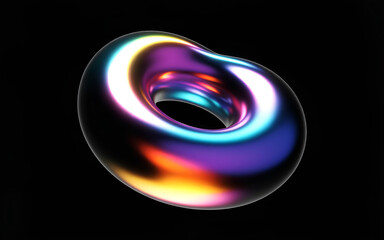 A 3D rendered abstract digital art piece of a glowing torus shape against a black background. 