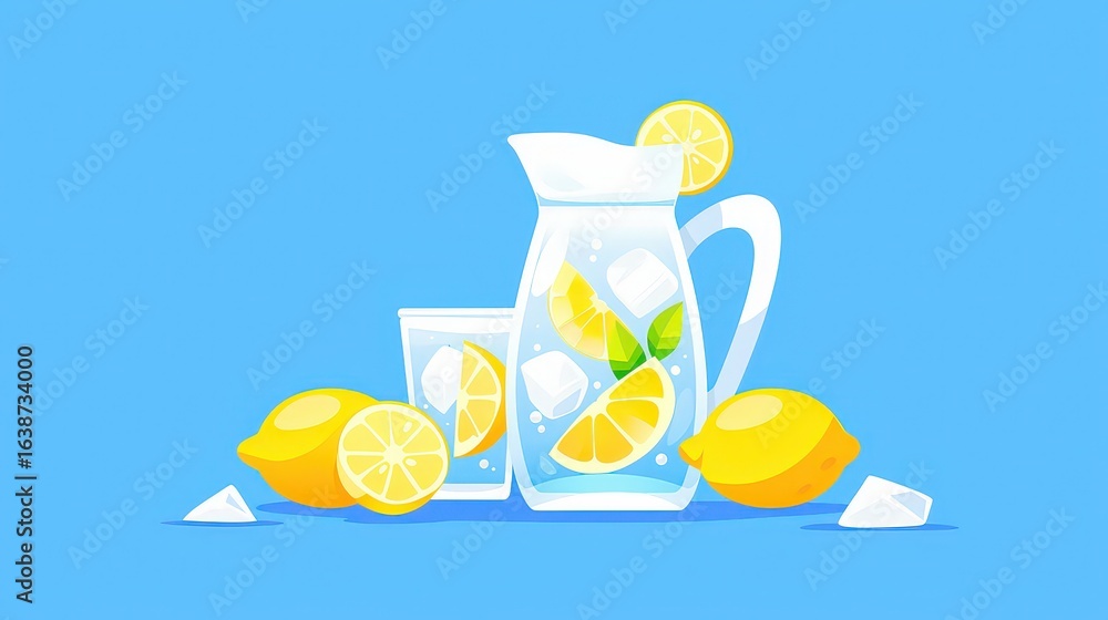Poster flat style vector showing a lemon drink set with a ju