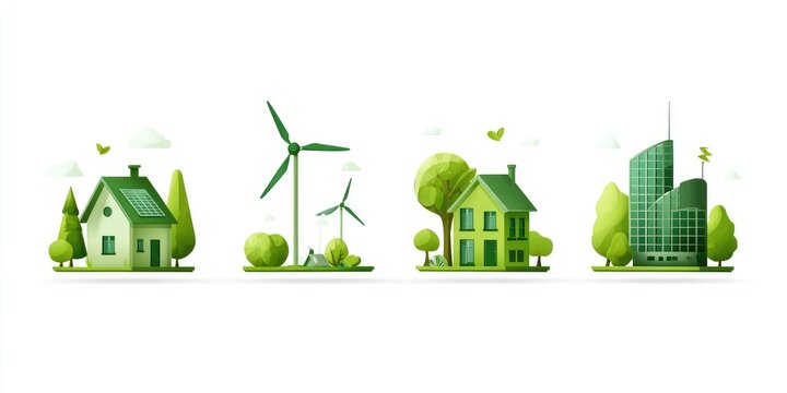 Four stylized illustrations of eco-friendly housing options.  Green homes with solar panels, wind turbines, and a modern skyscraper are set against a backdrop of lush green trees and foliage. - Powered by Adobe