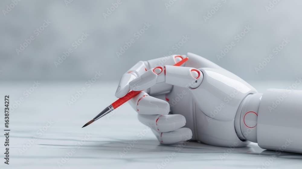 Poster a smart robotic hand, equipped with advanced algorithms, skillfully creates stunning images using a 