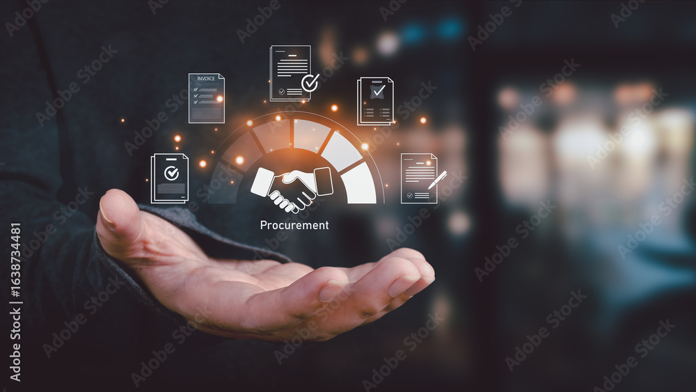 Poster hand presenting virtual interface for procurement management, displaying steps from invoice and cont