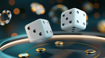 Two white dice tumble across a dark table, embodying the thrill of chance in a casino gambling scene.