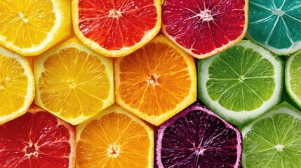 Citrus mosaic of fruit slice concept. Vibrant slices of citrus fruits in a colorful arrangement.