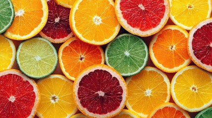 Citrus mosaic of fruit slice concept. Vibrant citrus fruit slices including oranges and grapefruits.