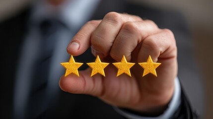 A businessman proudly presents a fivestar quality assurance badge, emphasizing toptier ISO service excellence.