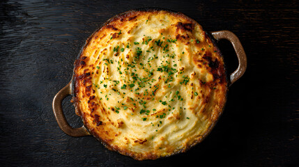 Traditional Hachis Parmentier with golden crust and fresh herbs on dark wooden table