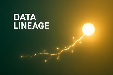 A minimalistic digital illustration of data lineage concept. Depicts a bright glowing sphere emitting multiple branching golden data lines, set against a dark green to yellow gradient background, symb