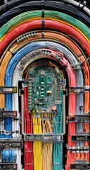 Obraz premium Colorful cables and circuit board fill a vertical archway