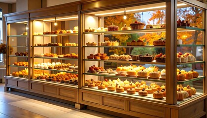 Display Case Filled with Festive Seasonal Pastries and Cakes