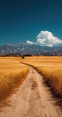 Fototapeta premium A sun-drenched dirt road winds through a golden field, leading to a hazy mountain range beneath a vibrant blue sky dotted with a single, puffy white cloud