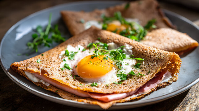 Savory Buckwheat Galettes with Egg and Ham Topped with Fresh Herbs on a Rustic Plate