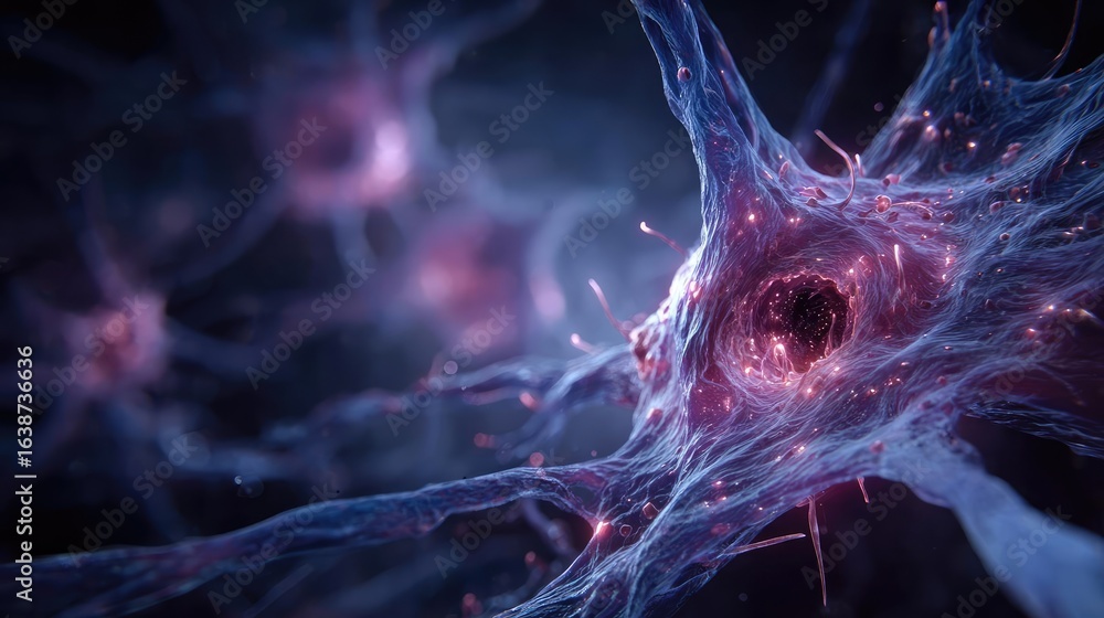 Poster puffy bloating around tissues and look concept. detailed close-up of neurons illustrating intricate 