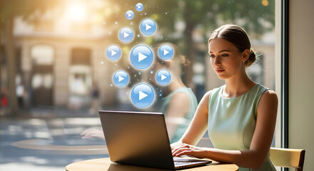 Young woman working on a laptop with social media icons floating above her head in a cafe