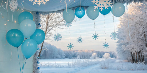 Frozen-inspired birthday decor with icy blue balloons, snowflake garlands, and shimmering backdrop, in a winter wonderland setting.
