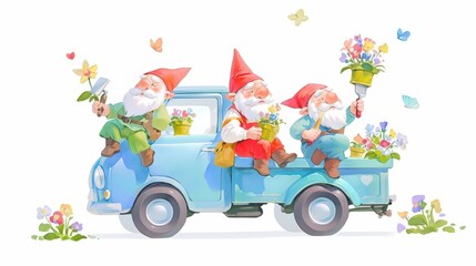 Fototapeta premium Three happy garden gnomes riding a truck filled with