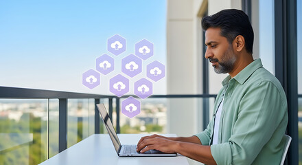 Man working on laptop outdoors with digital security icons representing data protection and cybersecurity concepts