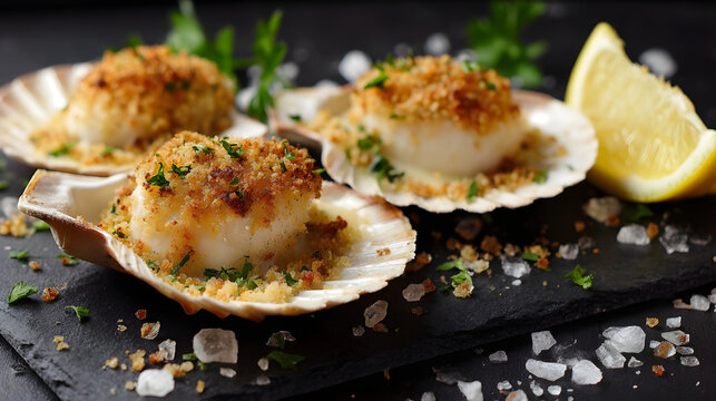 Elegant Seared Coquilles Saint Jacques with Herbs and Lemon on Dark Slate Background - Powered by Adobe
