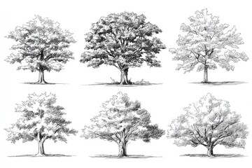 Six detailed pencil sketches of mature trees
