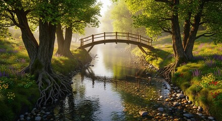 Obraz premium Serene Wooden Bridge Over a Crystal Clear Stream in a Lush Forest