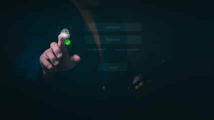 Biometric cybersecurity concept, a businessman securely accesses personal data by scanning a...