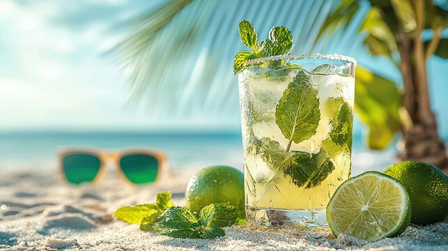 Summer Beach Mojito Drink With Lime and Mint by Palm Tree