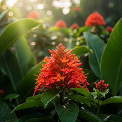 A beautiful cluster of red Ixora flowers bathed in the warm, golden light of the late afternoon. 