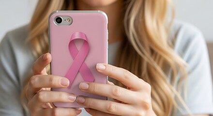 A woman holds a phone with a pink ribbon symbolizing breast cancer awareness.
