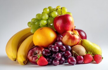 Assorted fresh fruits arranged in a pyramid shape on a light gray background