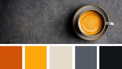 A cup of coffee on a dark stone surface, with a color palette