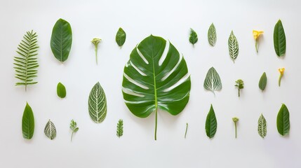 Monstera leaf and tropical plants in flat lay, botanical design elements, conveying lush greenery and natural harmony