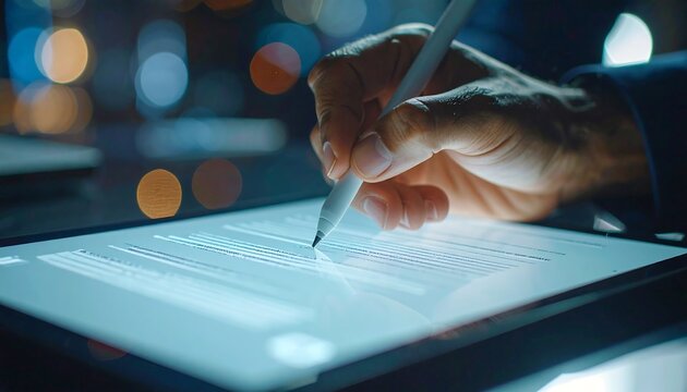 In a cinematic close-up, a professional's hand holds a sleek stylus, finalizing an electronic signature on a glowing tablet screen.