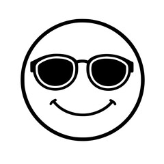 Minimalist black smiley face emoji wearing sunglasses, simple outline icon symbolizing coolness, confidence, and relaxed style in monochrome design