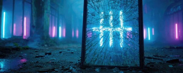 Curse mark near the ghost mirror concept. Illuminated ruins with vibrant neon lights and broken glass.