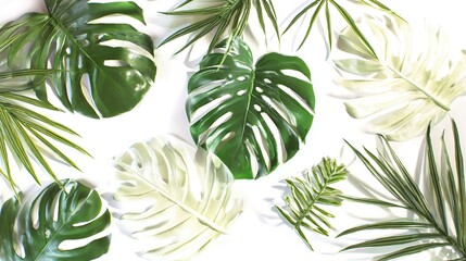 Monstera leaf and tropical plants in flat lay, botanical design elements, conveying lush greenery and natural harmony