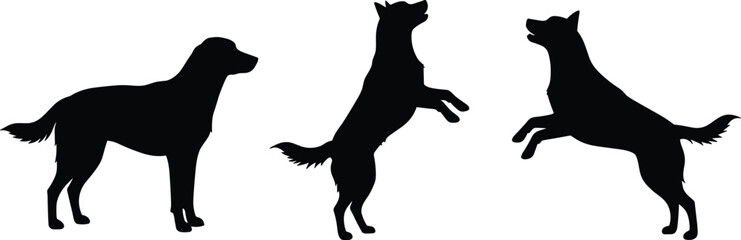 Silhouette of dogs in standing and jumping poses, playful pet animals, black dog vector illustration on white background for design and decoration