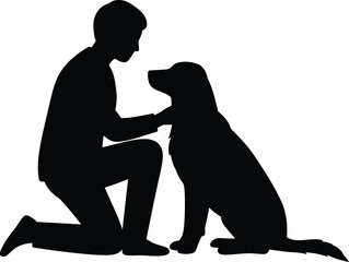 Silhouette of person kneeling and petting dog, human animal bond, friendship, love, loyalty, pet care, companionship, trust, kindness, affection