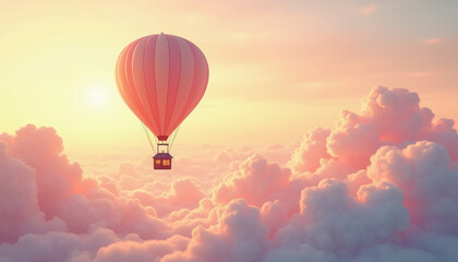 Fototapeta premium Whimsical Hot Air Balloon with Tiny House Floating Over Pastel Clouds, Dreamy, Magical, Adventure, Fantasy, Ethereal, Inspirational, Optimistic, Editorial, Branding, Luxury