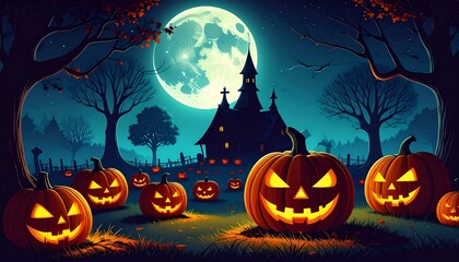 Pumpkin Patch at Midnight. A wide-angle view of a pumpkin patch at midnight under a starry sky and a large full moon.
