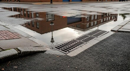 Obraz premium Urban Puddle Reflection of Brick Building and Streetlight After Rain